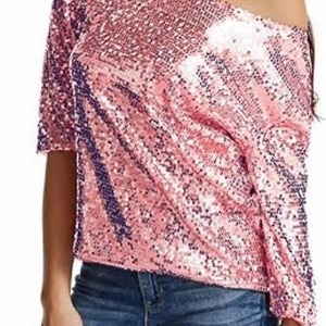 Women's Off Shoulder <b>Sequined</b> Blouse Gold Black Pink Burgundy Silver Polyester Party Shirt Loose Fit One Shoulder <b>Top</b> - Product Image 3