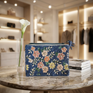 Pochette rectangulaire artisanale bleue à fleurs perlées, brodée, avec fermeture éclair, porte-monnaie et chaîne amovible, légère, pour mariage - Product Image 1