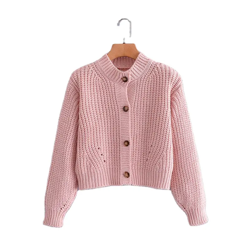 Korean Fashion Girls Solid Color Women Short Single-Breasted Hemp 2022 High Neck Sweaters