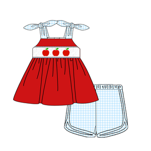 Maxine custom abbigliamento per bambini a quadretti di cotone per neonati smocked torna alla scuola abbigliamento da bambina con ricami di mele - Product Image 1