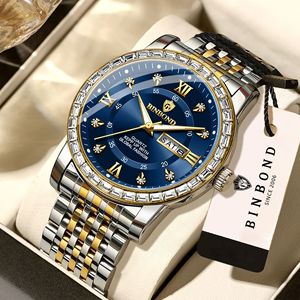 Binbond Men's Quartz Watch Blue Dial Diamond Bezel Stainless Steel Band Date Week Display Waterproof 30M Analog Wristwatch - Product Image 1