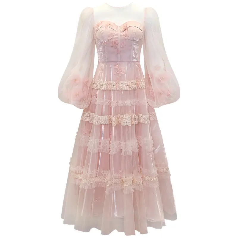 Bán Buôn Giá Thấp Của Phụ Nữ Ăn Mặc Màu Hồng Lớp Organza 3D Hoa Gown Với Vải Tuyn Dài Tay Xù Buổi Tối Bên Ăn Mặc 2024