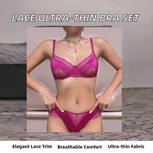 Franse stijl ultradunne sexy glanzende 2-delige bh-set ODM dobby stof laaggetailleerde kantversiering ademend uitgesneden ontwerp - Product Image 2