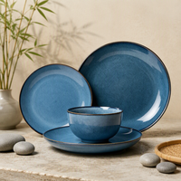 Service de table rond en grès EKA avec glaçure réactive bleue, bord foncé, style Wabi-sabi, vaisselle en céramique pour la maison et l'hôtellerie (assiettes et bols)