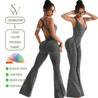 Combinaison gainante côtelée évasée pour femme, respirante, séchage rapide, dos nu, bretelles croisées, motif léopard, pour le sport, le yoga et la gym
