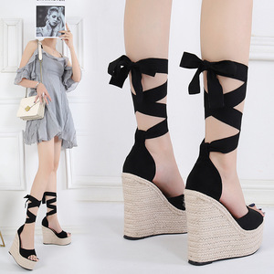 Sandales compensées en daim à lacets pour <span class=keywords><strong>femme</strong></span>, style <span class=keywords><strong>espadrille</strong></span>, plateforme, talons hauts, pour l'été - Product Image 2