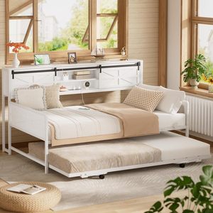 <span class=keywords><strong>Cama</strong></span> <span class=keywords><strong>nido</strong></span> doble estilo rústico con <span class=keywords><strong>cama</strong></span> <span class=keywords><strong>nido</strong></span> extraíble, estructura metálica, cabecero con librero, estación de carga y almacenamiento con puerta corredera tipo granero para dormitorio o almacén - Product Image 1