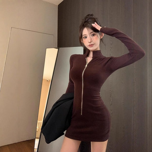 Stand Collar Long Sleeve Dress Brown Zipper Front Tight Waist Casual Daily Wear - Product Image 2
