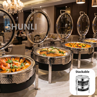 Chauffe-Plats Empilable de Luxe Royal Moderne Argenté pour Restaurant, Ensemble de Buffet en Acier Inoxydable avec Marques Martelées