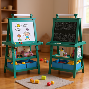 Caballete de arte con almacenamiento, de madera verde, de doble cara, para dibujo infantil y uso como pizarra. - Product Image 2