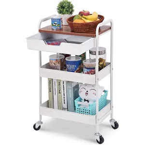 JH-Mech Saving Space 3-Tier Utility Rolling Cart With Handle Wooden Board And Drawer Locking Wheels Metal Storage Rolling Cart