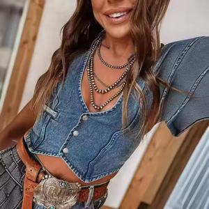 Veste d'été 2025 pour femme, sexy, col en V profond, sans manches, coupe ajustée, 100% coton, denim vintage de haute qualité - Product Image 2