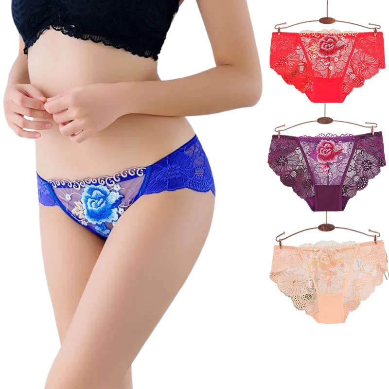 Cheap Women Lace Embroidery Underwear Low-waist Briefs Sexy Womenpanties Underwear See Through Panty Transparent Panties Adults