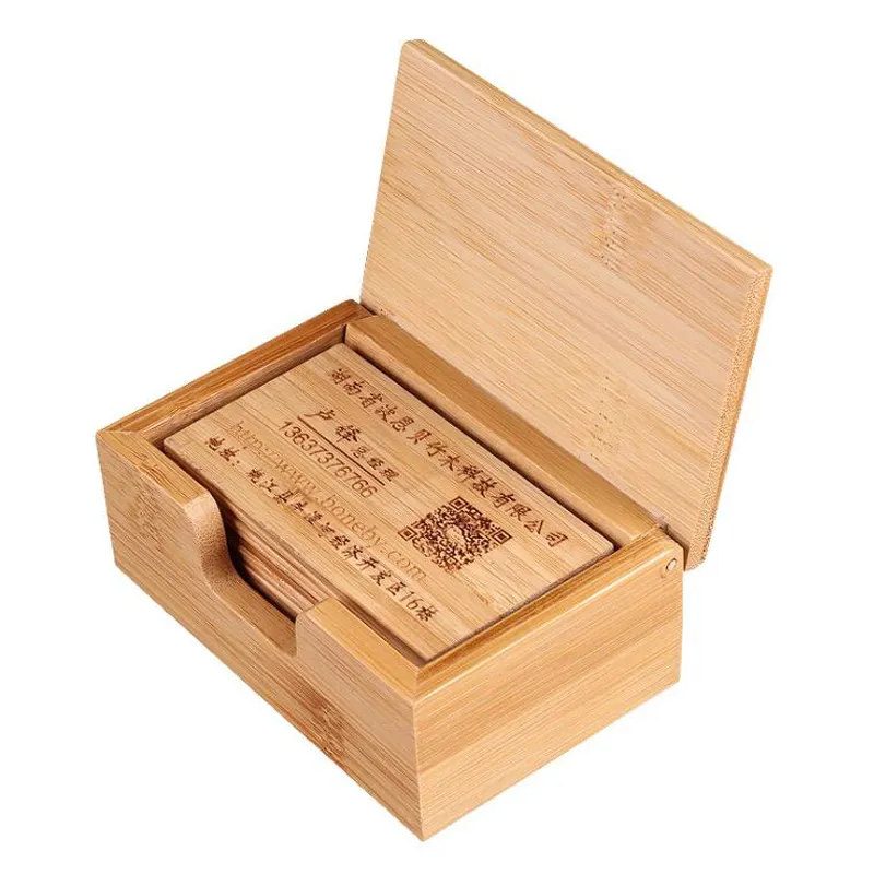 Groothandel Custom Bamboe Hout Graveren Carving Visitekaartjes Met Houder Box Key Card Voor Hotel