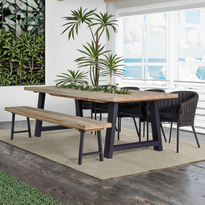 Conjunto de Mesa y Sillas de Madera de Teca Apilables de Estilo Mediterráneo Moderno, Resistentes a la Intemperie, para Comedor al Aire Libre, para Hotel o Villa, Uso Durante Todo el Año - Product Image 1