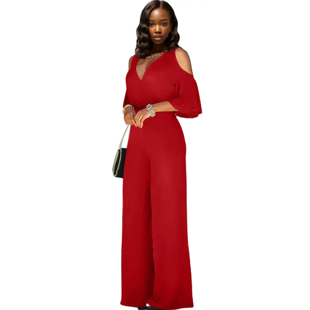 90903-MX43 Wholesale New Design Plus Size Women Clothing V Neck Cut Out Sleeve Design rompers One Piece Jumpsuit