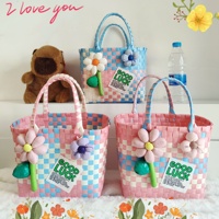 Tas Tote Persegi Panjang Anyaman Plastik Warna-warni Gaya Dopamin Lucu dengan Hiasan Bunga, Cocok untuk Hadiah Pernikahan Anak, Pesta, atau Keranjang Piknik