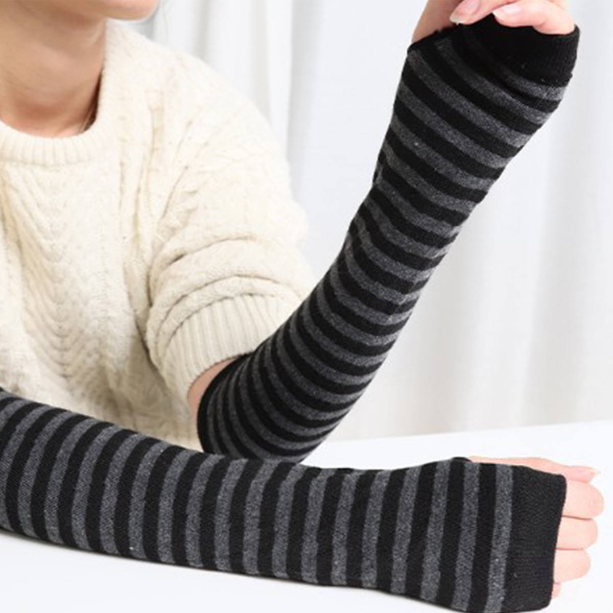 Women Girls Winter Long Fingerless Gloves Knit Stretch Soft Arm Warmer Mittens E