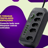 Filter Soket Ekstensi 4/5/6 Outlet Standar Brasil dengan Kabel USB Pintar 2m, Konstruksi Aluminium Berlapis Tembaga ABS