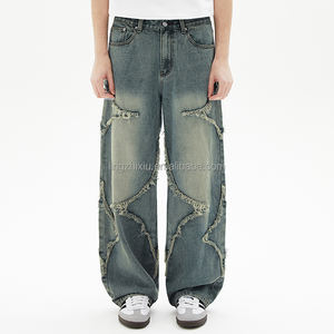 Unisex yüksek sokak yıkama ham kenar gevşek kot pamuk gevşek düz grafik aplike nakış yıkama yüksek kaliteli Denim pantolon erkekler - Product Image 2