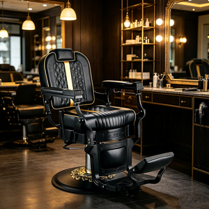 Sillón de Barbería de Cuero Sintético Negro y Dorado con Reposapiés Ajustable y Bomba Hidráulica para Uso en Salón - Product Image 1