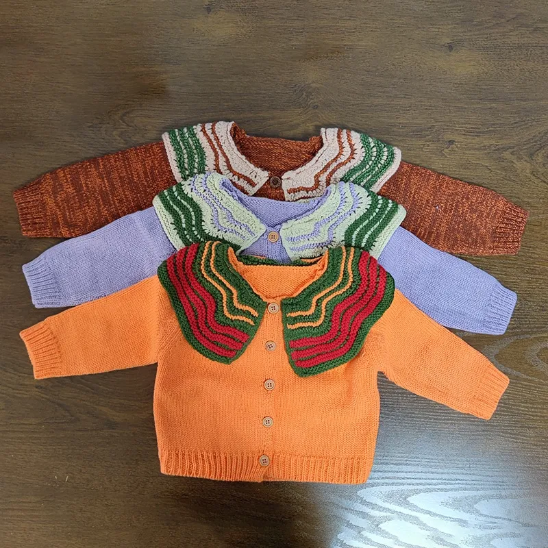 韓国風春と秋の女の赤ちゃん無地ウールセーターフリル襟シングルブレストセーターウォームカーディガン