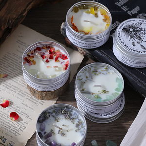 Natural Soy Wax Tin Scented Candle With Crystal Stones <b>Dried</b> <b>Petals</b> Multi Scent For Home Decor Gift - Product Image 3