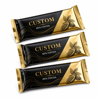 Envoltorio de chocolate personalizado al por mayor con logo, tipo flow wrap, de lámina dorada mate termosellable para barras de chocolate negro, dulces y snacks, OEM de fábrica.