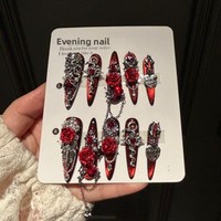 Off-Fire Faux ongles à presser entièrement faits à la main, Nail Art foncé, Style français, Artisanat de haute qualité, Effet sang versé sur les doigts, Photos réelles