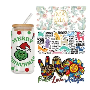 AMZ Proveedor Diseño personalizado Logo Envolturas a prueba de agua 16OZ Vaso UV DTF Warps Transferencias Pegatinas para vasos de tazas