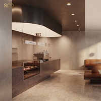 SCD SHOWCASES SC-CFS-004 Conception d'intérieur de café tout-en-un, comptoir de caisse en pierre frittée foncée, présentoir à pâtisserie ovale avec auvent