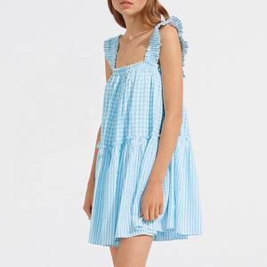 Robe Mini smock en coton à rayures et encolure carrée, tenue de luxe pour femmes, longueur moyenne, bleu marine, épissure <span class=keywords><strong>Aqua</strong></span> et blanc - Product Image 3