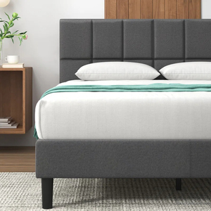 Sleek Contemporary Upholstered Bed <b>Frame</b> - Charcoal Fabric Square-Tufted Headboard Sturdy Wooden Legs Modern Bedroom Furniture - Product Image 5