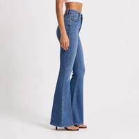 Jean évasé taille haute pour femme avec double bouton, broderie poche arrière, coupe slim bootcut en denim