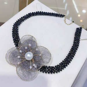 Handmade Mesh Lace Flower Pearl <b>Choker</b>, Italian Lace Craft, Imported 14K Gold Filled, Natural Freshwater Pearl & Black Spinel - Product Image 2