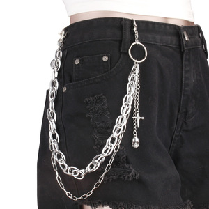 yueli Geometric Double Layer Metal <b>Skull</b> Pendant Pants Chain Zinc Alloy Waist Chain For Daily Wear Hip Hop Punk Style - Product Image 2