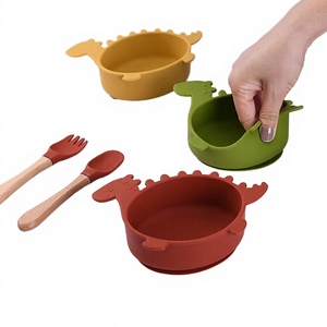 Silicone Dinosaur Baby Bowl Set With Wooden Spoon And <b>Fork</b> For 1-2 Years Kids Feeding - Product Image 3
