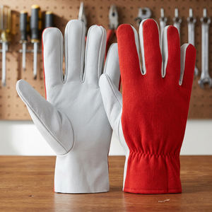 JNA Group White Leather Safety <b>Gloves</b> Red Knit Wristband Anti-Slip Fingertips 11 oz Thickness <b>Silicone</b> Latex Free General - Product Image 4