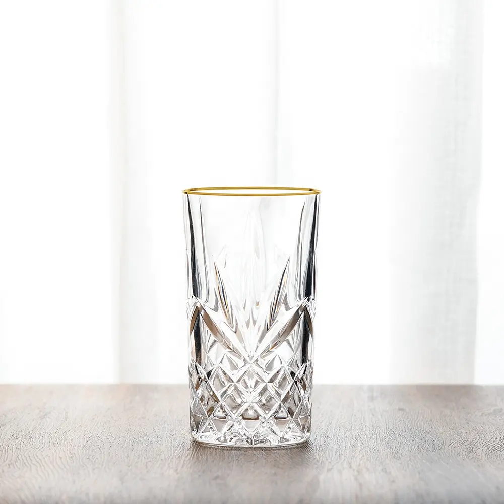 Gold Band Premium Crystal Clear Glass Highball Drinking Glasses Cups With Gold Rim