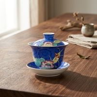 Gaiwan en porcelaine écologique de qualité supérieure, style traditionnel Sgraffito, motif lotus estival, résistant à la chaleur, sans danger pour les aliments, RED LEAF CERAMICS