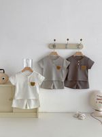 Ensemble 2 pièces d'été pour bébés garçons et filles : Haut à manches courtes et short en tissu gaufré, motif ours, tenue décontractée fine pour enfants