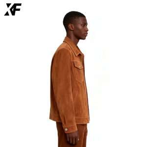 旭飞原创设计师高品质定制纽扣夹克复古奢华拉链休闲棕色麂皮夹克男士复古夹克 - Product Image 3