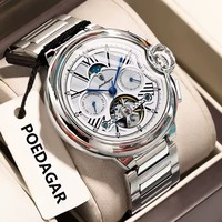 POEDAGAR Montre de luxe pour homme Tourbillon Date Semaine Montre pour homme en acier inoxydable Montre mécanique automatique étanche pour homme