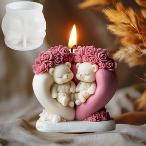 <b>Cute</b> Candle Silicone Rose Animal Epoxy Resin Heart-Shaped Flower <b>Bear</b> Plaster Mold, Valentine's Day Gift - Product Image 3
