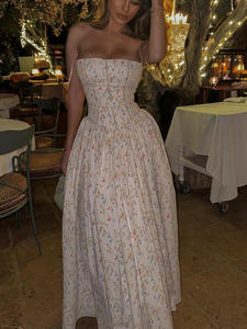 Élégant Slim plissé imprimé sans manches Maxi robes esthétique hors épaule Spaghetti sangle robe femmes fête Vestidos - Product Image 3