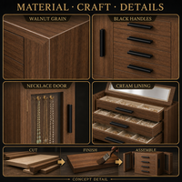 Armoire à bijoux en bois pour bureau avec 5 tiroirs, portes à double vitrine pour colliers, miroir et compartiments d'organisation