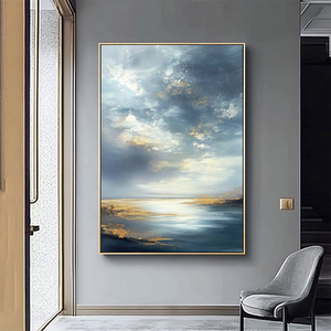 Décor d'entrée dessiné à la main feuille d'or bleu océan peintures à l'huile abstraites modernes paysage <span class=keywords><strong>naturel</strong></span> Art mural - Product Image 4