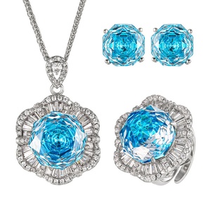 Elegant Eco-friendly Copper 16-12mm Aquamarine Zircon Floral Pendant <b>Earrings</b> Ring <b>Set</b> Fancy Jewelry <b>Set</b> for Evening Banquet - Product Image 1