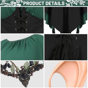 Robe d'elfe forestier pour femme, costume médiéval de la Renaissance avec couronne, oreilles, chaussettes, tenue de cosplay viking pour Halloween - Product Image 6