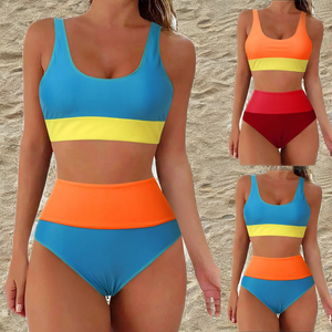 Multicolor Swimsuit Sports Two Piece Swimwear Front Logo Adjustable Straps High Cut Women's High Waist <b>Bikini</b> Eco-Friendly - Product Image 2